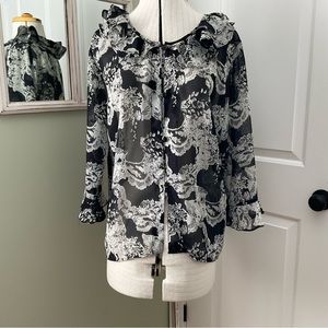 BLACK AND WHITE EHITE FLORAL PRINT BLOUSE, SIZE: L